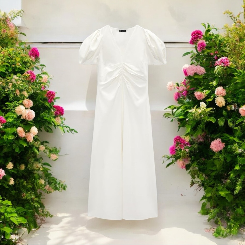 ZARA Linen Blend V Neck Puff Sleeve Ruched Voluminous Midi Dress White NWT M